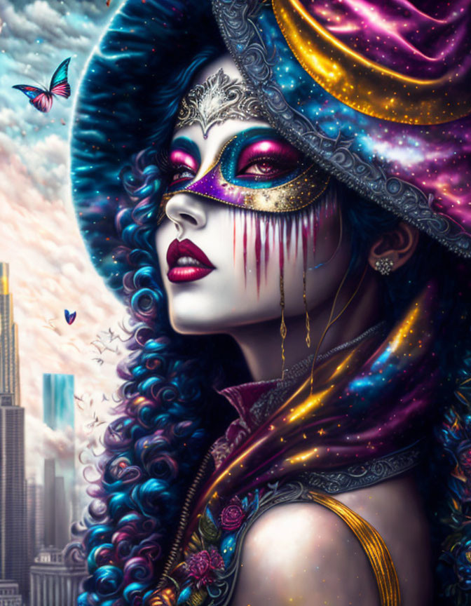 Woman in ornate mask and cosmic headdress with butterflies, city skyline backdrop.