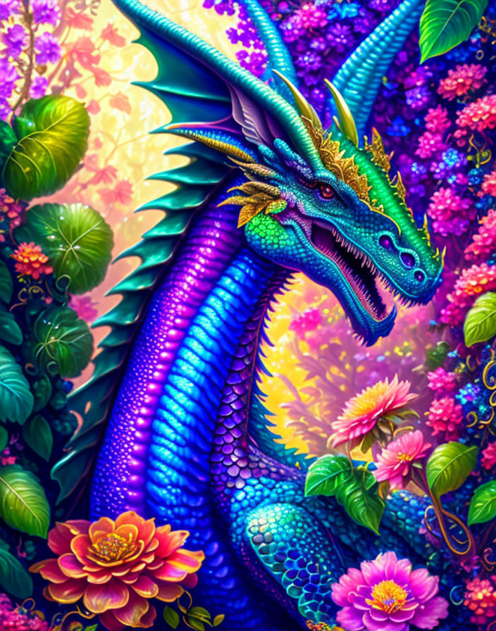 Colorful dragon in vibrant floral setting