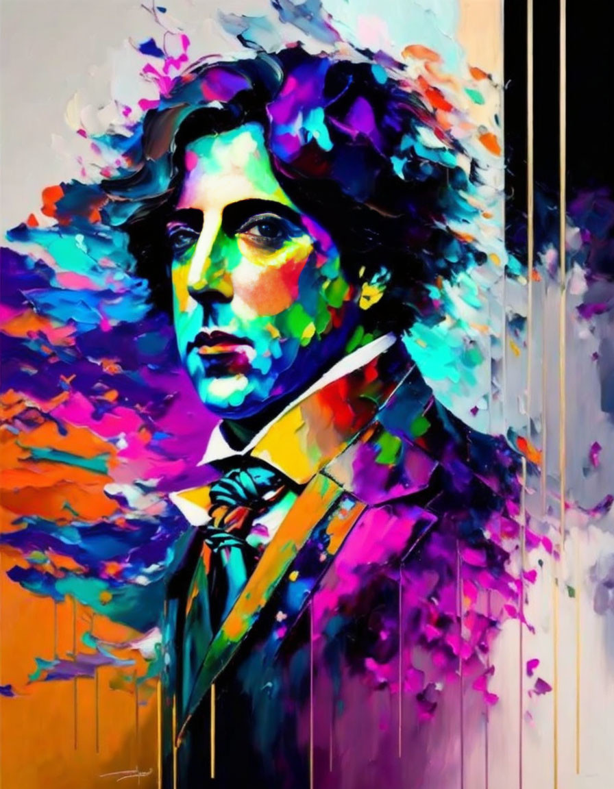 Colorful portrait of a man with abstract floral elements and dynamic brush strokes