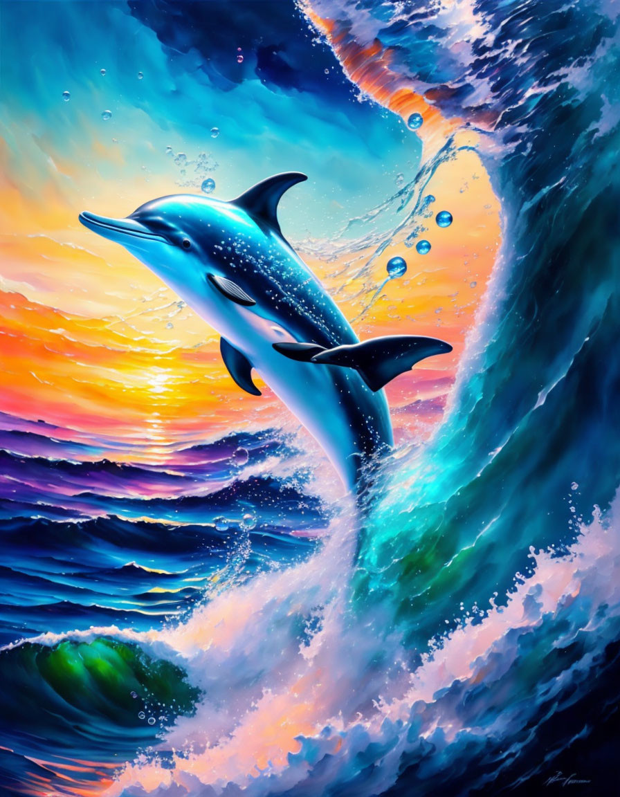 Vibrant sunset scene: Two dolphins leaping in dynamic splash.