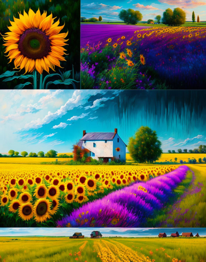 Triptych of Vibrant Sunflower Landscapes: Close-up, Purple Flower Field, Sc