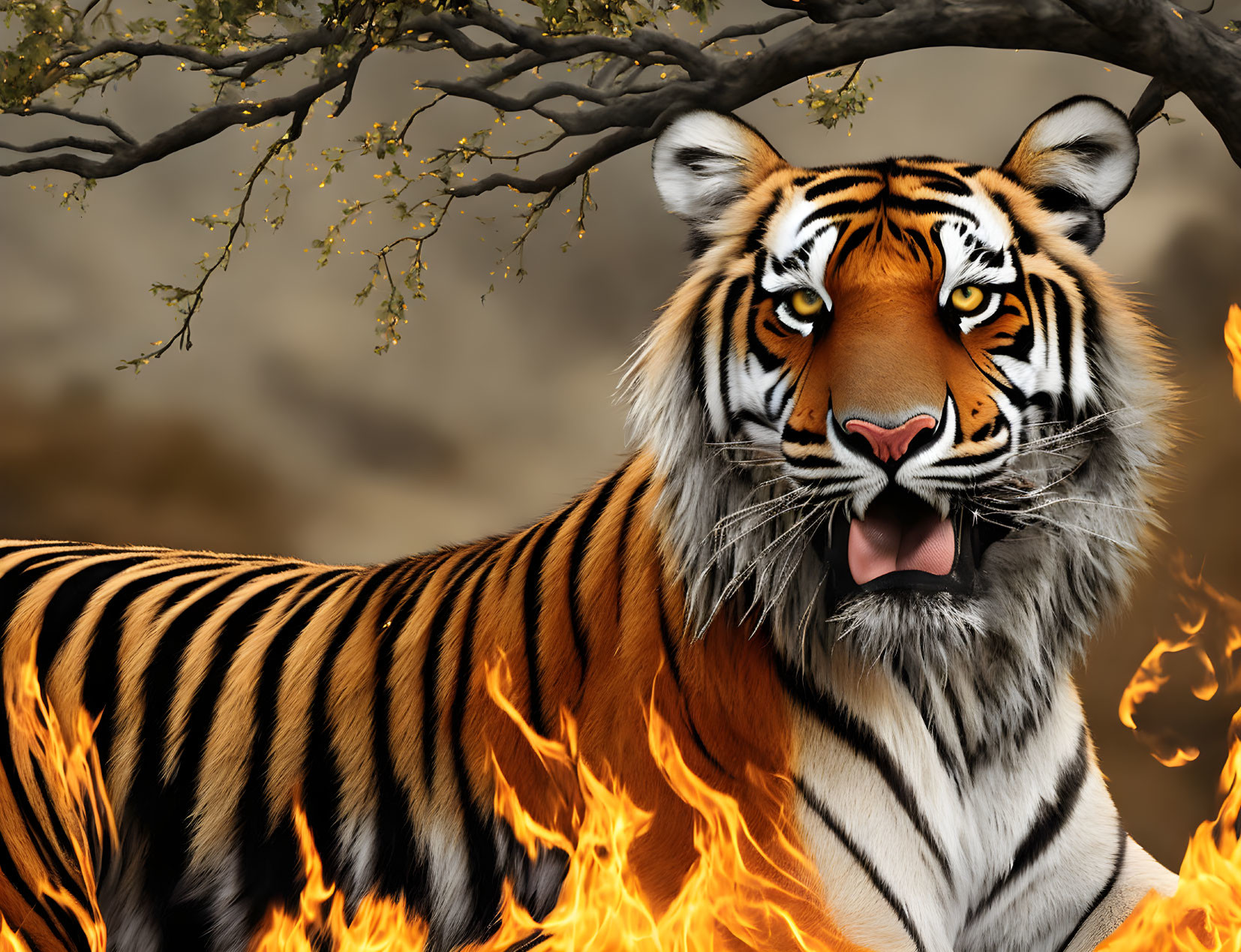 Majestic tiger in flames with barren tree and hazy background