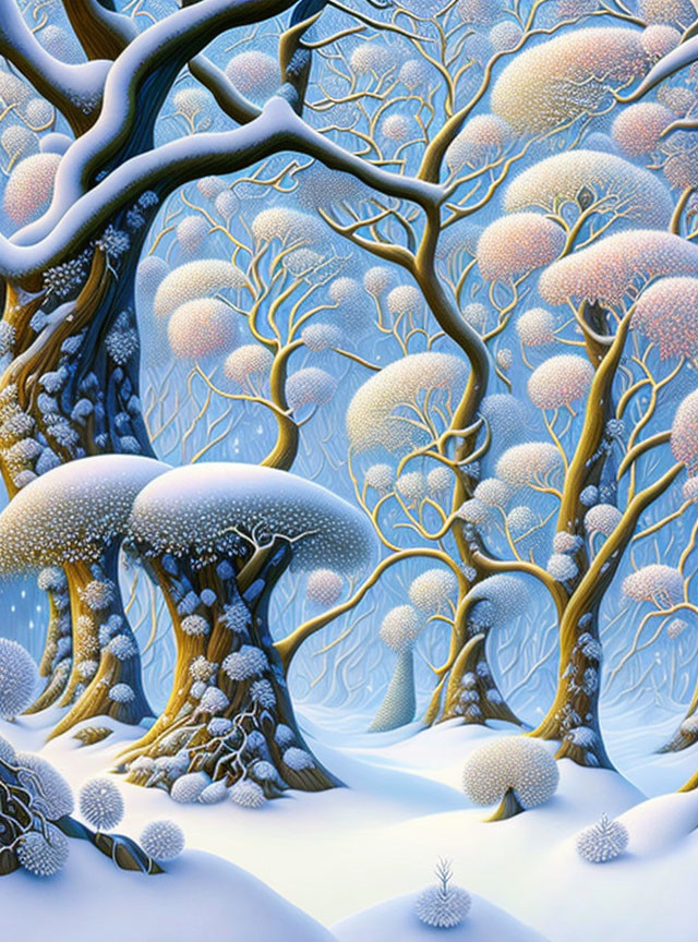 Detailed Snowy Forest Illustration with Stylized Trees in Blue Tones