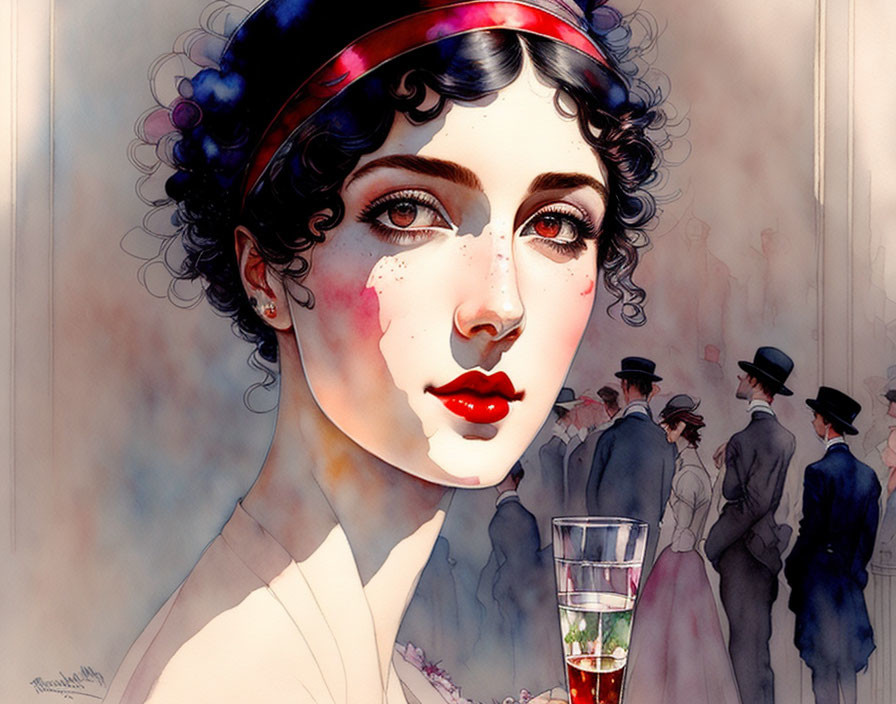 Stylized portrait of woman with rosy cheeks and wine glass