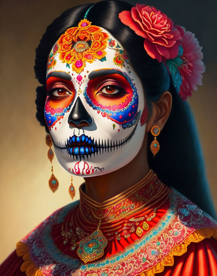 Woman with Dia de los Muertos makeup and floral pattern, red flower in hair