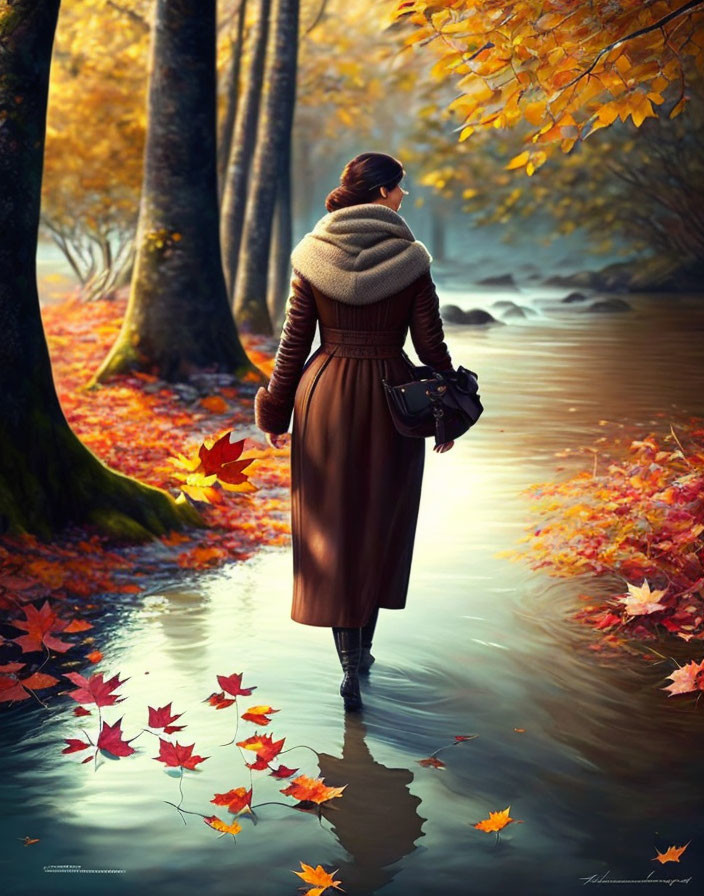 Person standing in shallow water surrounded by autumn leaves in brown coat and boots with forest background