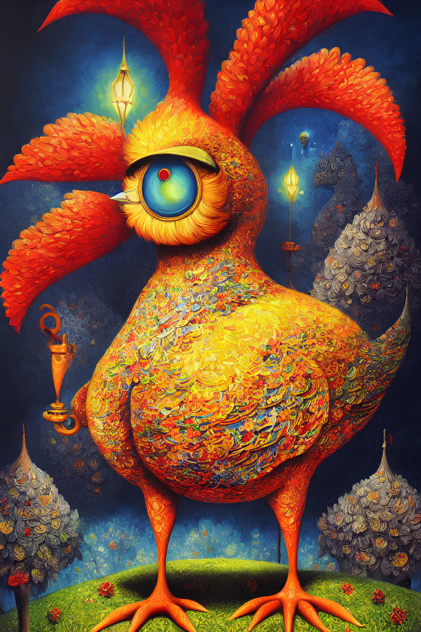 Colorful surreal artwork of a large, one-eyed feathered creature in a whimsical forest.