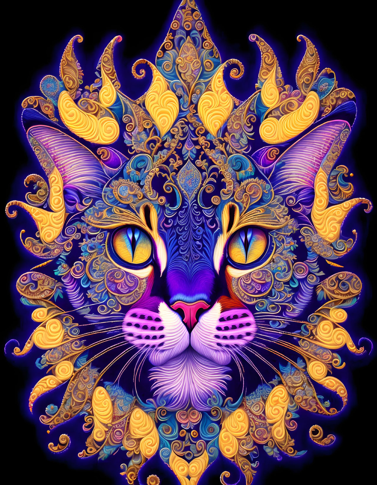 Colorful Stylized Cat Artwork with Golden and Blue Patterns