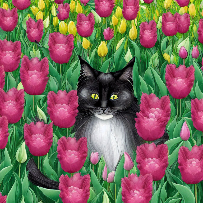 Black and White Cat with Yellow Eyes in Pink and Yellow Tulip Field