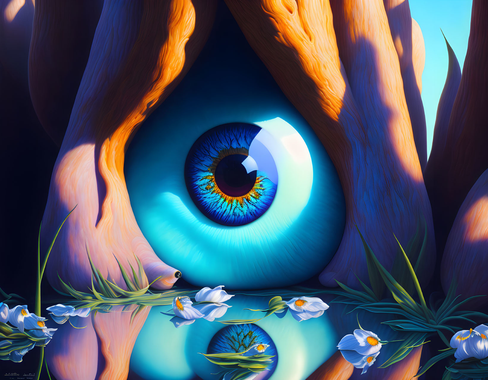 Digital Art: Eye in Forest Scene with Water Reflections & Flowers