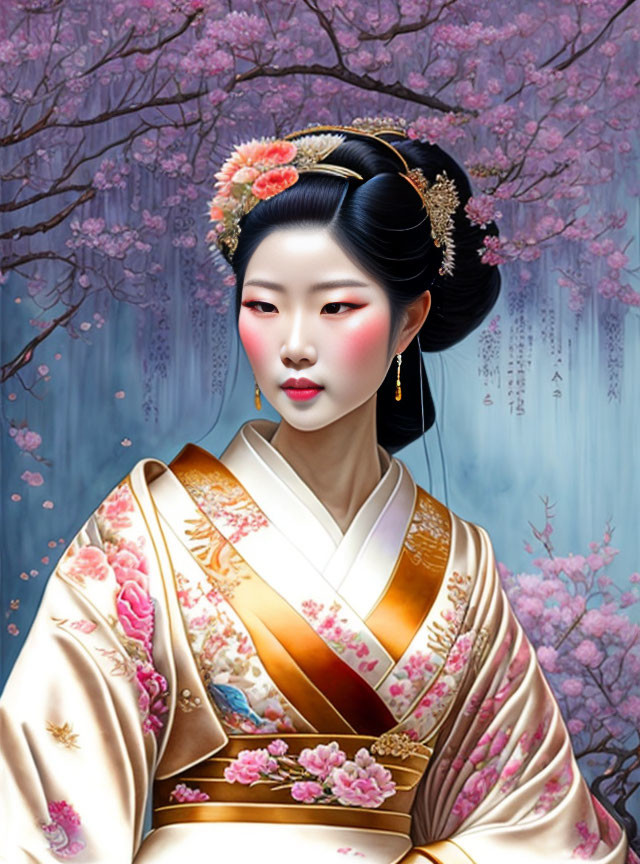 Traditional Asian Attire Woman Illustration with Cherry Blossom Backdrop