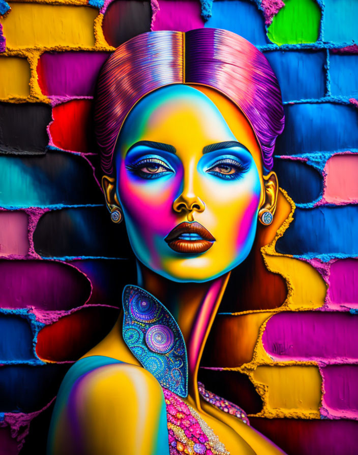 Colorful portrait of a stylized woman on multicolored brick wall.