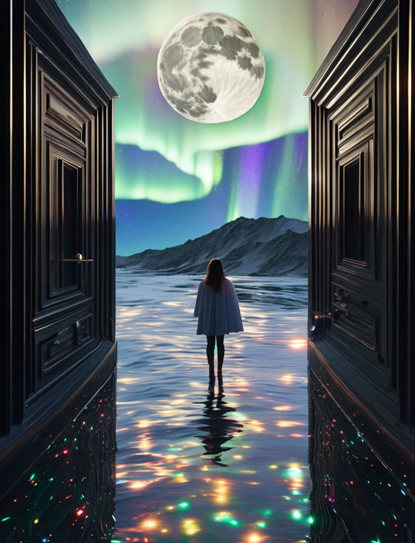 Surreal room and nature fusion with girl, open doors, aurora sky, full moon,