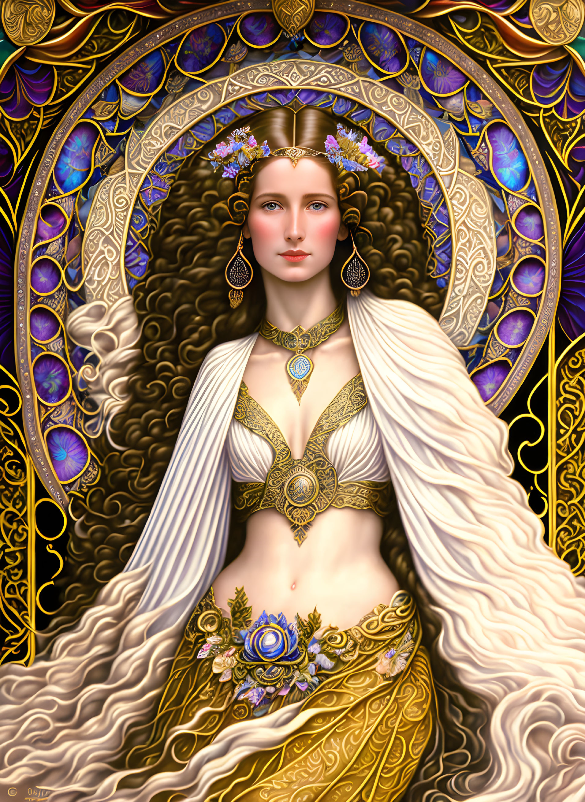 Ornate Golden Jewelry Woman in Mandala-Like Art