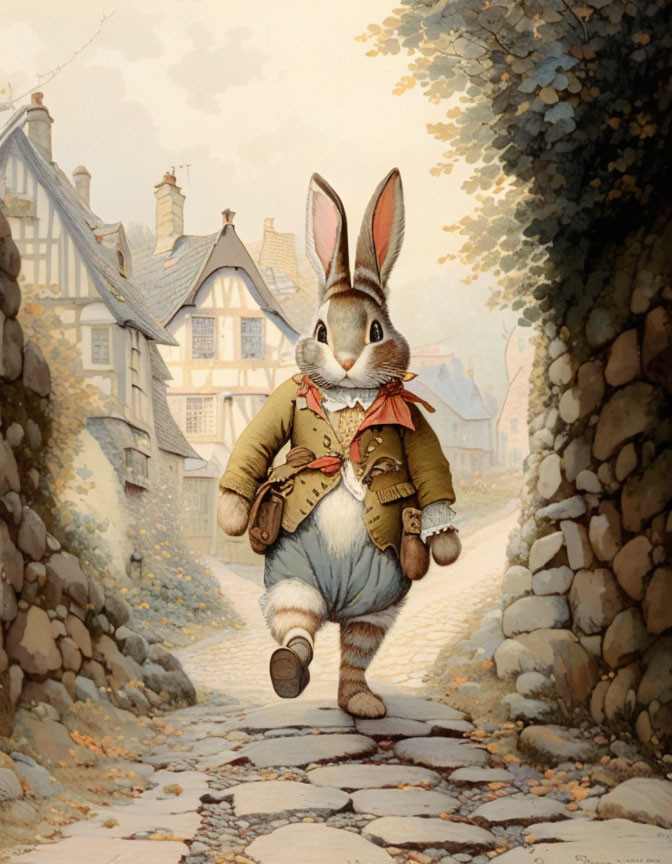 Anthropomorphic rabbit in clothes strolling village path.