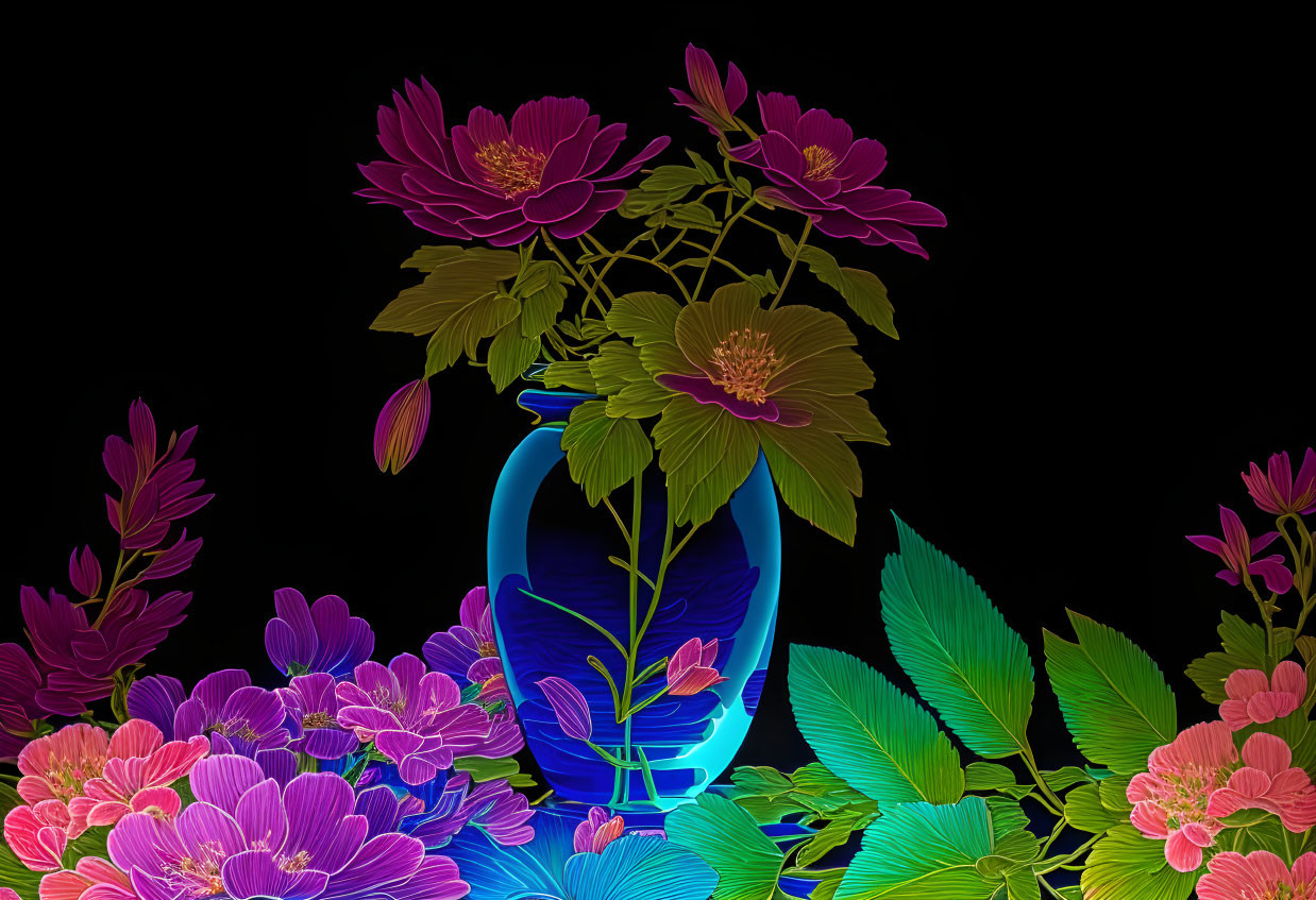 Vibrant neon flowers in pink and purple hues with green leaves in a dark blue vase on black