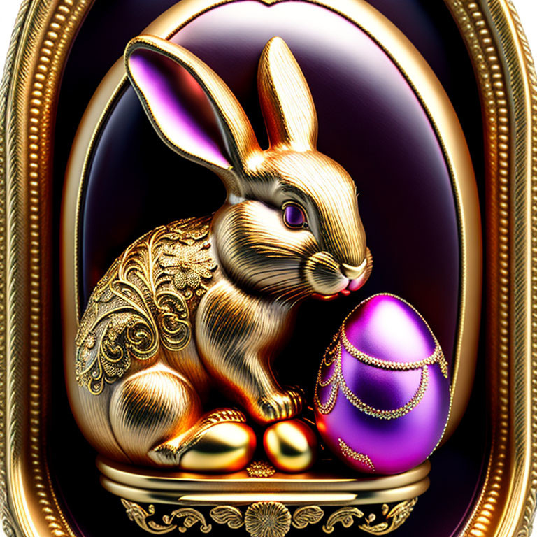 Golden rabbit and decorated egg in ornate frame on purple backdrop