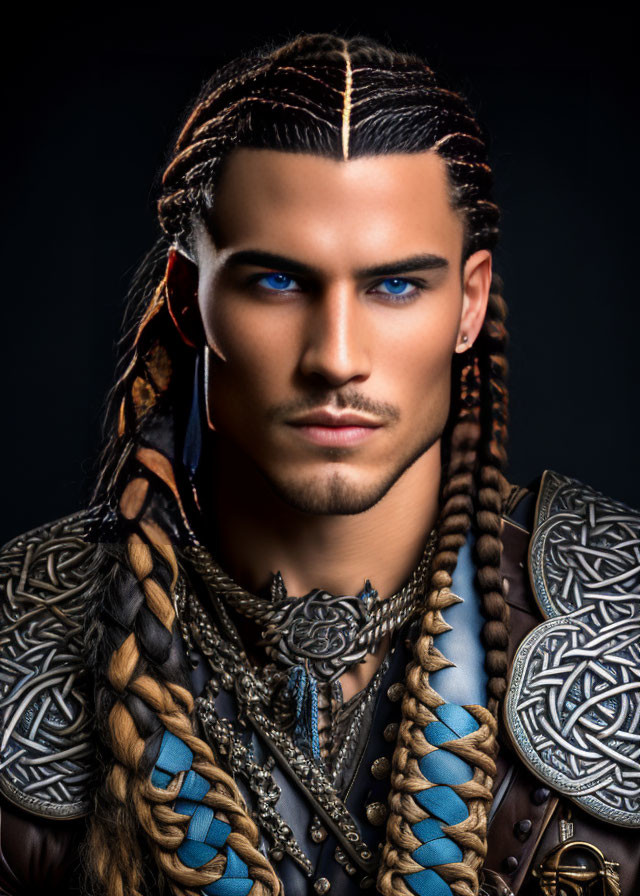 Portrait of a man with blue eyes and Celtic armor on dark background