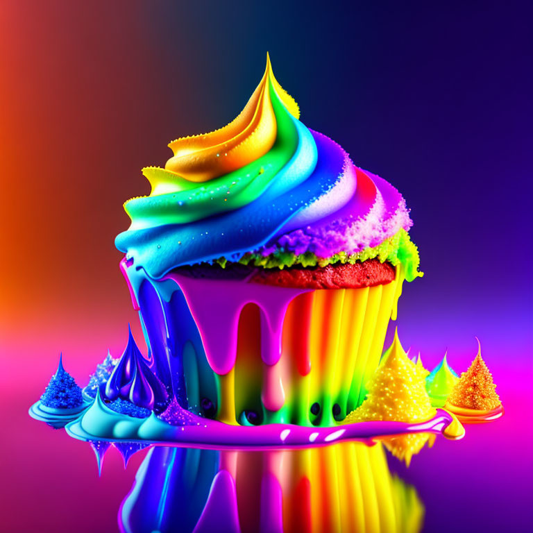 Colorful Cupcake with Melting Icing and Sprinkles on Multicolored Background