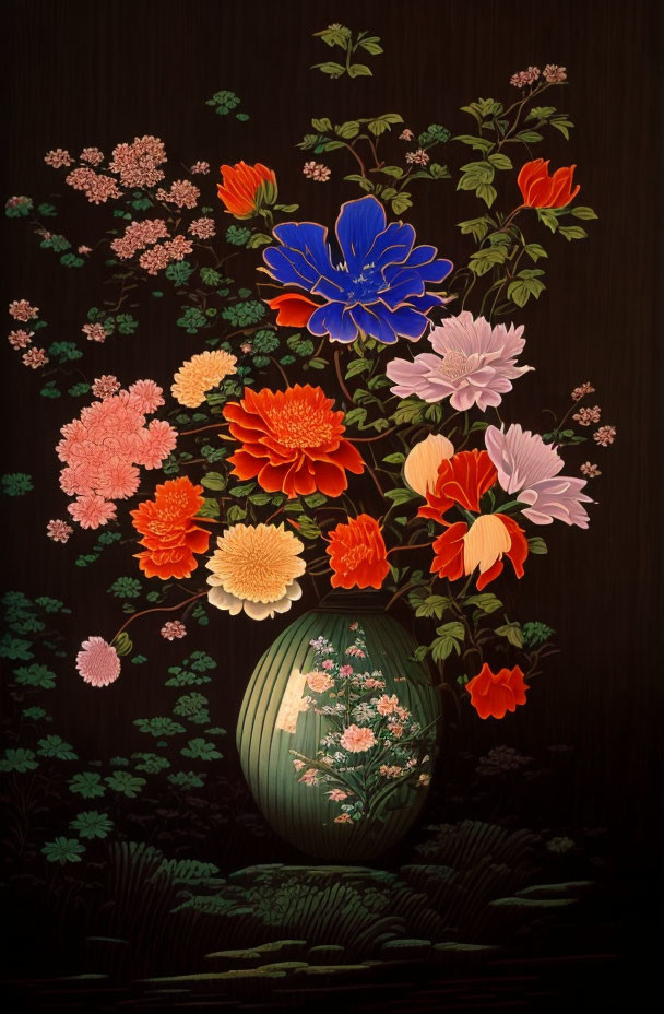 Colorful Floral Painting with Green Vase on Dark Background