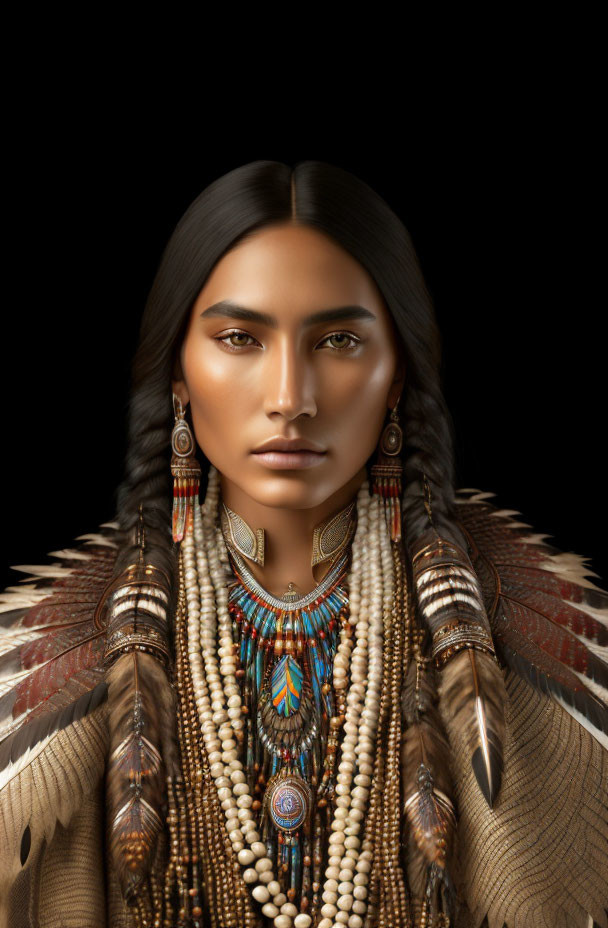 Portrait of individual with indigenous features in feathered headdress
