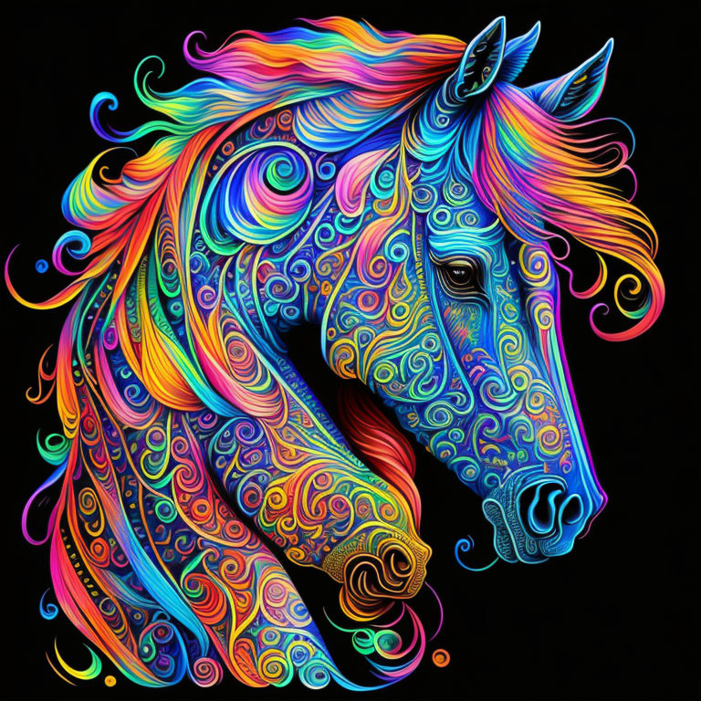 Colorful Neon Horse Illustration with Swirling Mane on Black Background