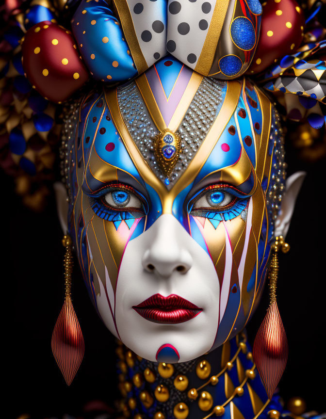 Elaborate costume portrait with vibrant blue, gold, and red makeup