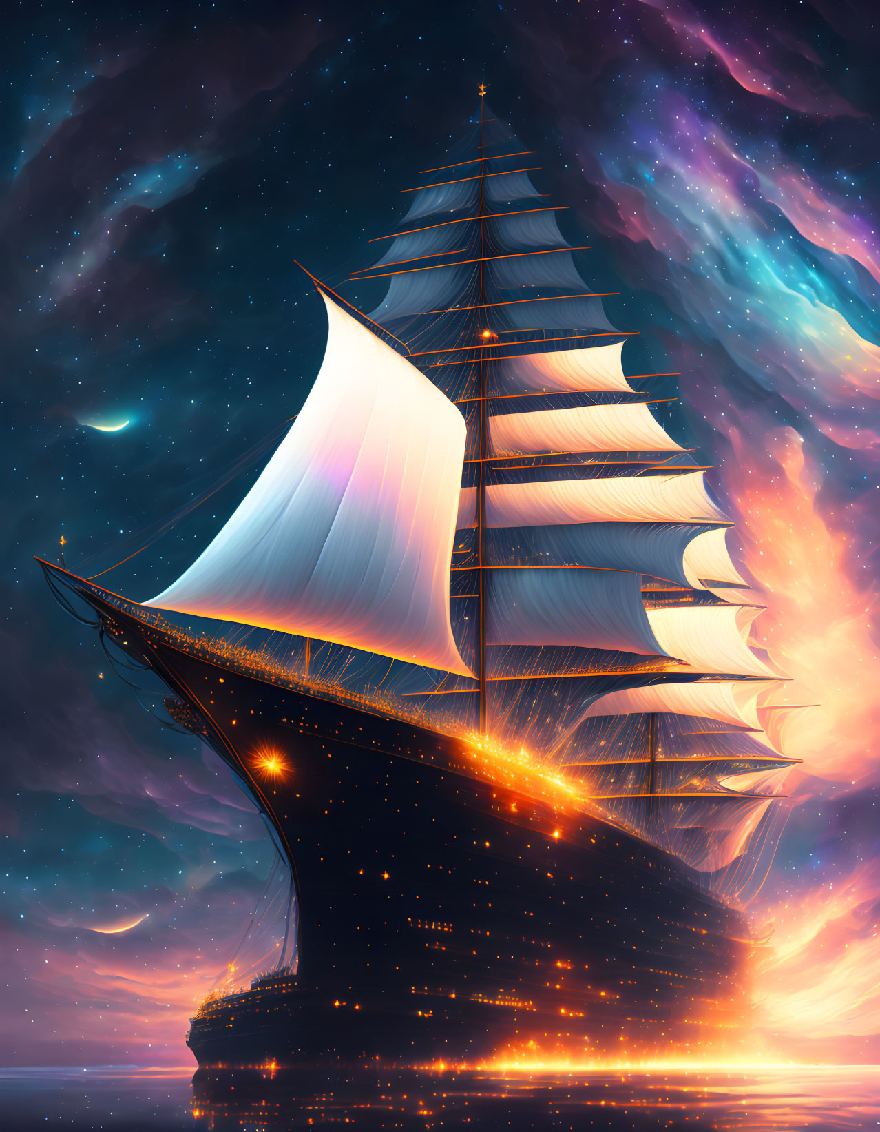 Majestic sailing ship under star-filled cosmic sky