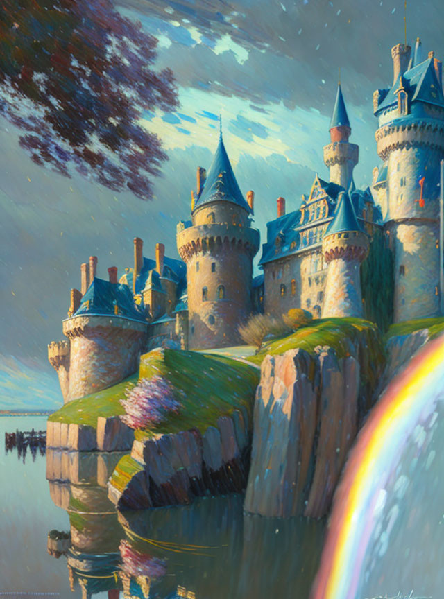 Fantastical castle on cliff with rainbow and colorful sky