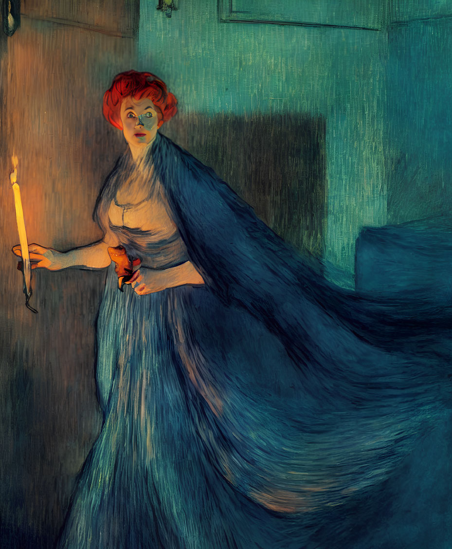 Red-haired woman in flowing blue dress holding a candle in dimly lit room