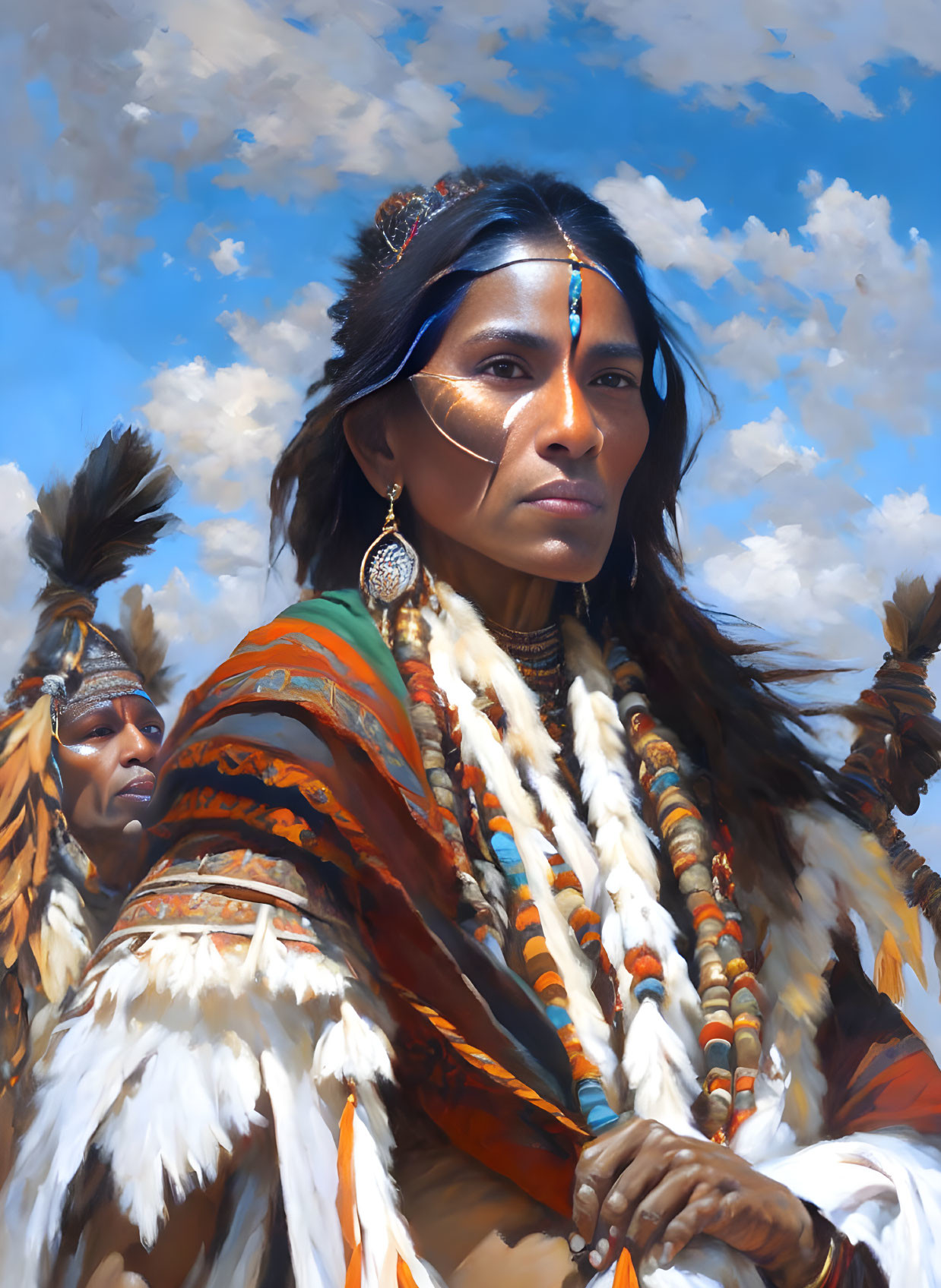 Portrait of two individuals in Native American attire against cloudy sky