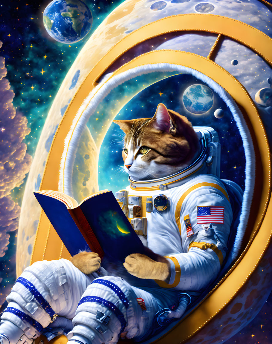 Astronaut cat reading book in space suit with Earth and stars.