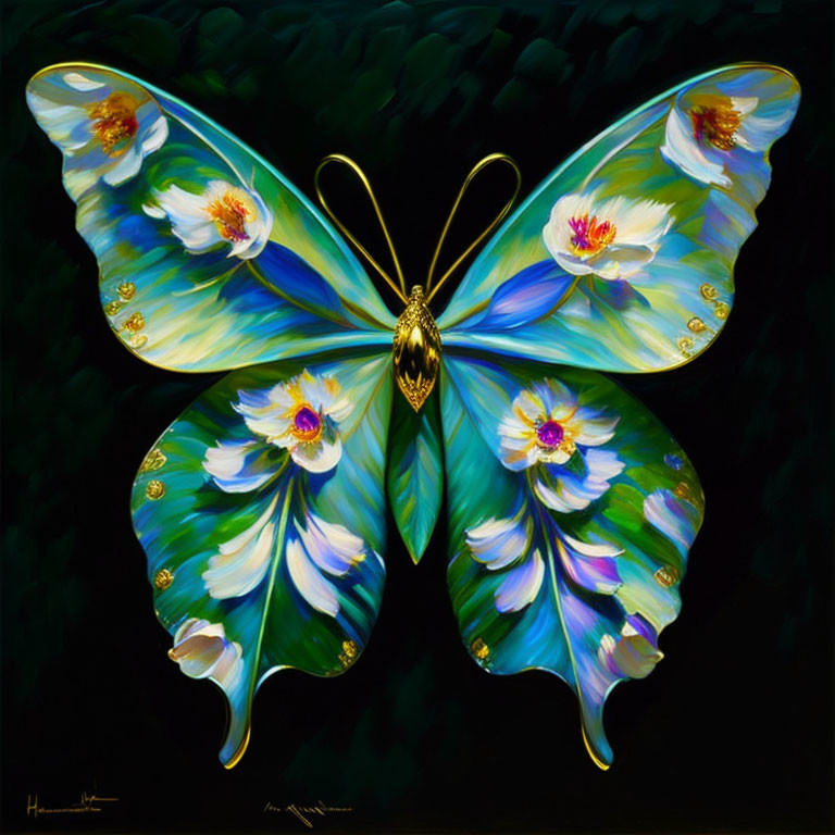 Colorful Butterfly Artwork with Blue and White Floral Wings on Dark Background