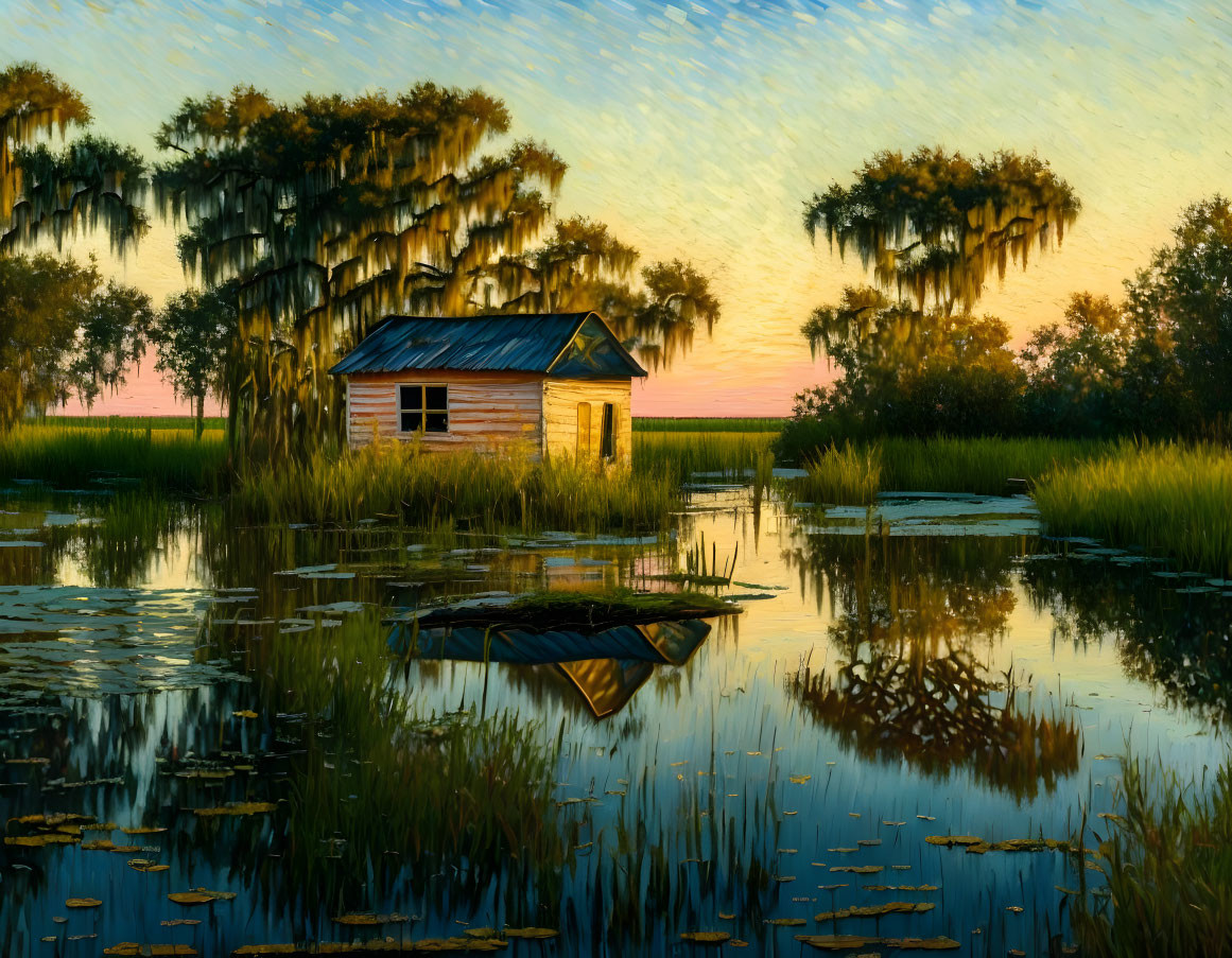 Serene wetland scene with old shack and Spanish moss-draped trees