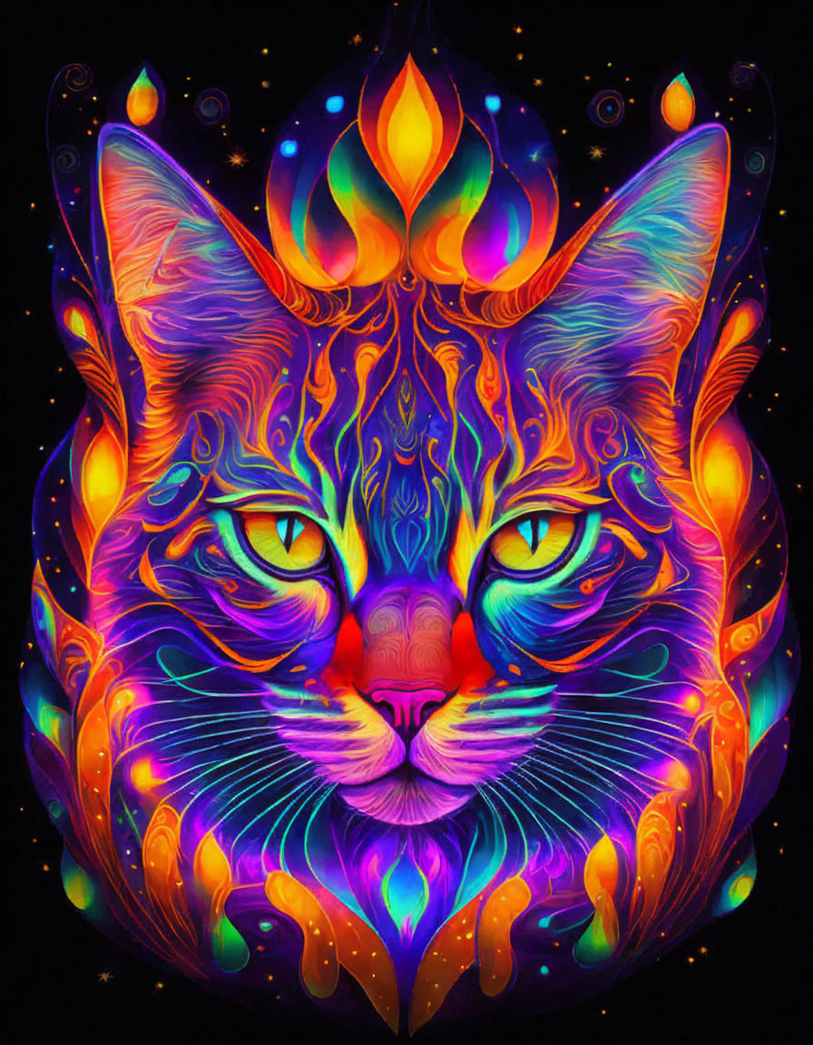 Colorful Psychedelic Cat Illustration with Neon Colors and Intricate Patterns