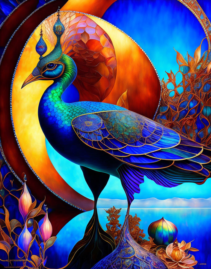 Colorful digital painting of stylized peacock with intricate patterns and floral elements