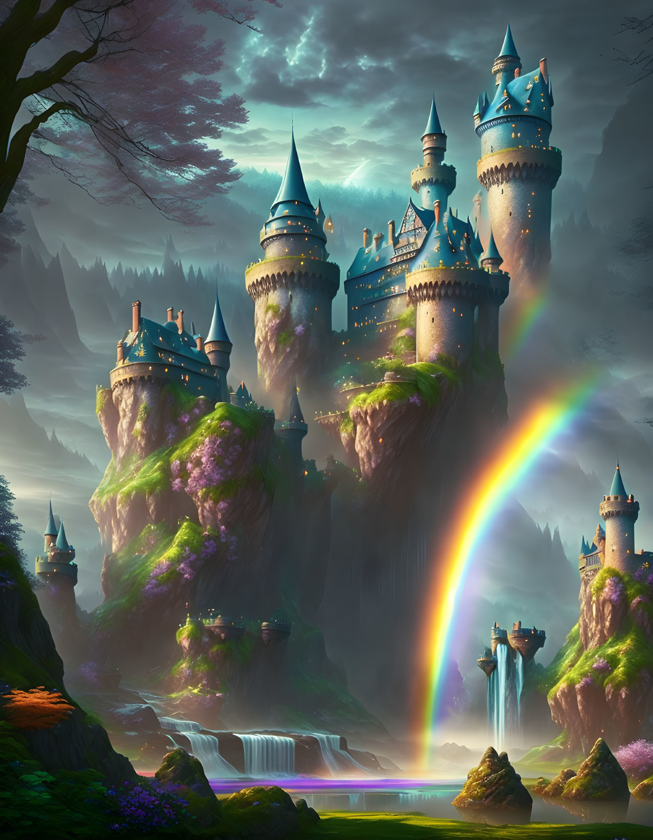 Fantastical castle with blue spires on lush cliffs with waterfalls and rainbow.