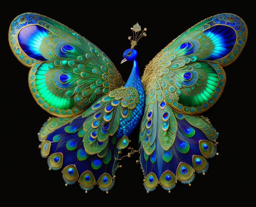 Vibrantly colored peacock digital artwork on black background