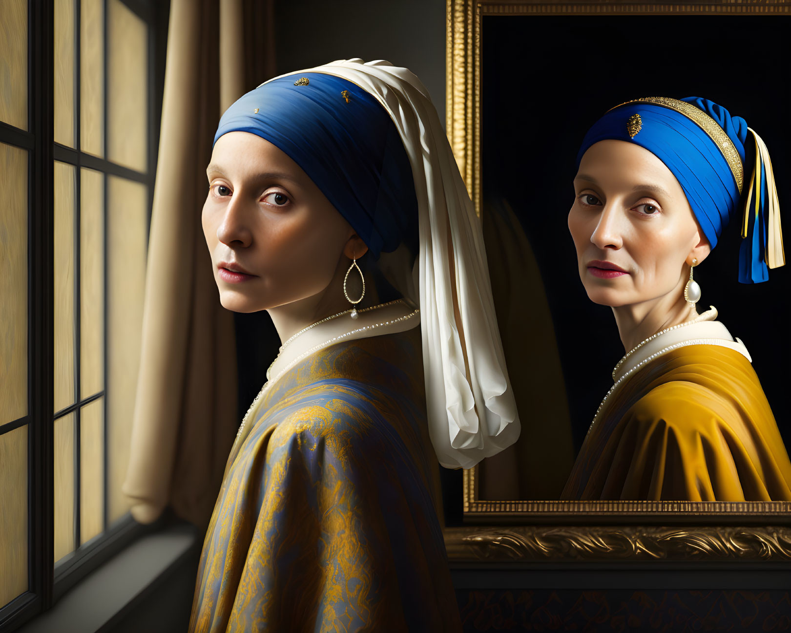 Historical attire woman in blue headscarf and yellow dress reflected in mirror