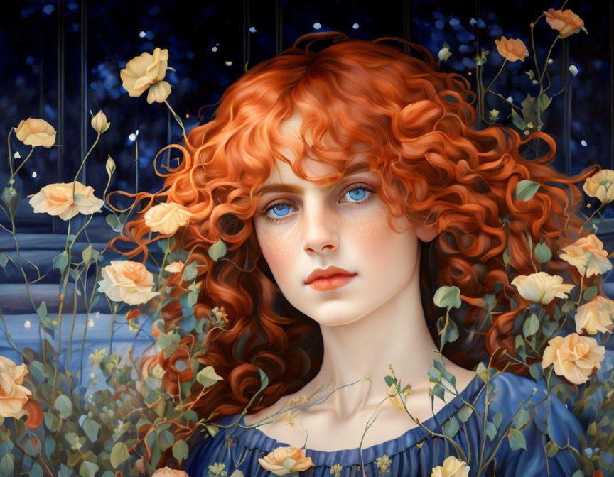 Young woman with red curls and blue eyes among yellow roses on starry night.