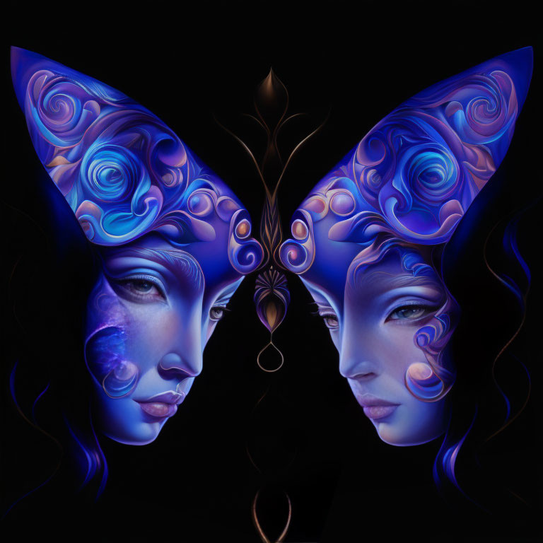 Symmetrical fantasy faces with blue patterns forming butterfly on black background