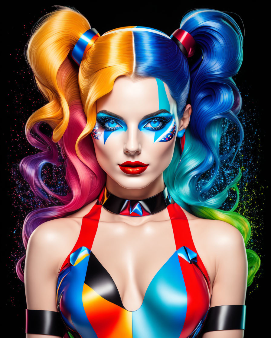 Colorful Digital Portrait of Woman with Wavy Hair and Bold Makeup