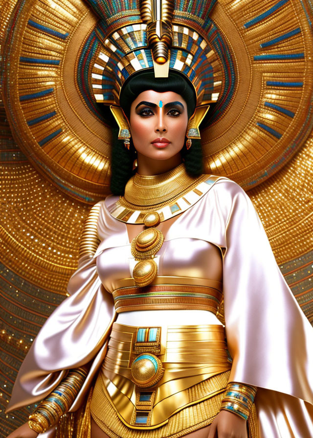 Ancient Egyptian queen costume with gold jewelry and headdress