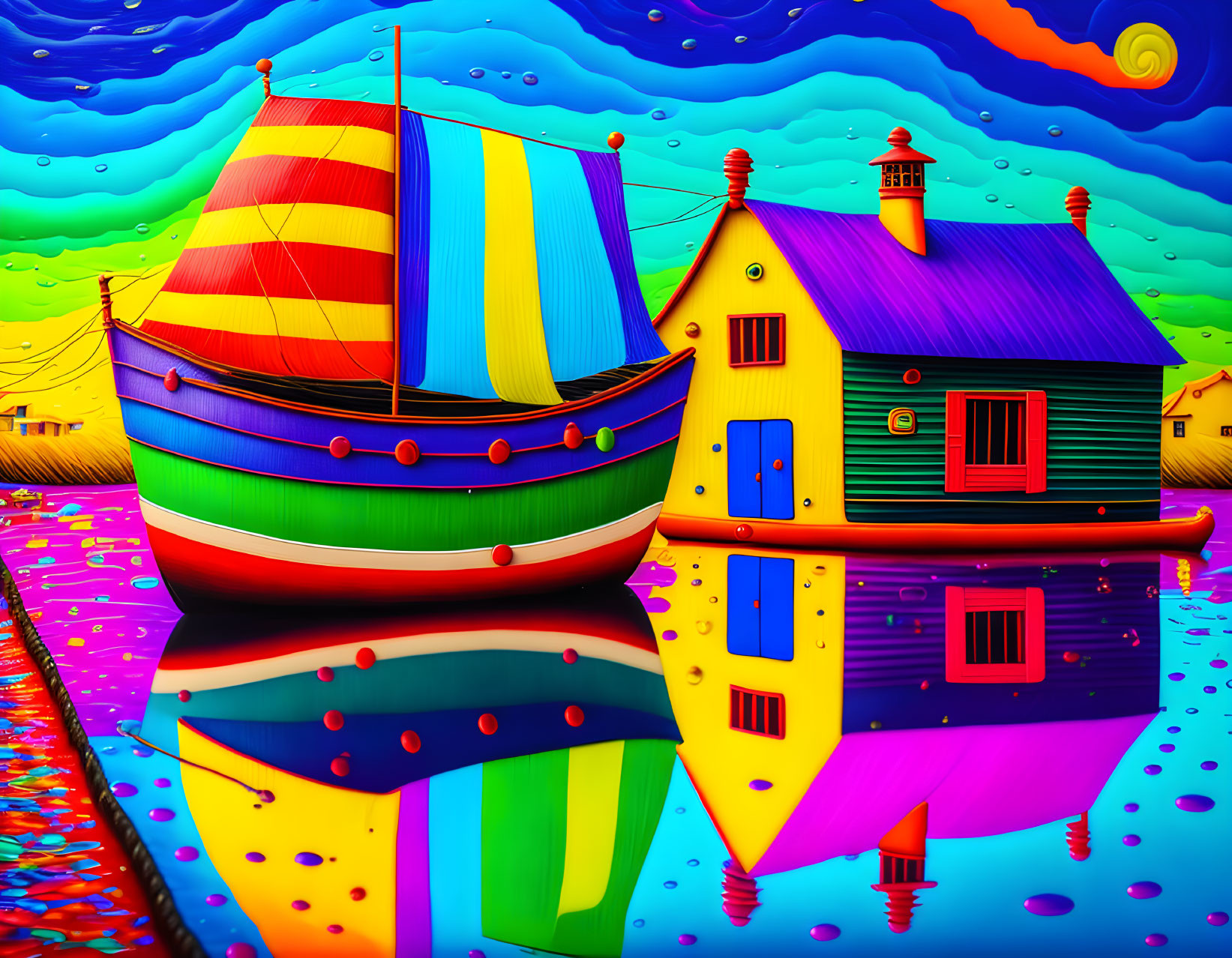 Colorful Boat and House Illustration on Calm Water with Psychedelic Sky