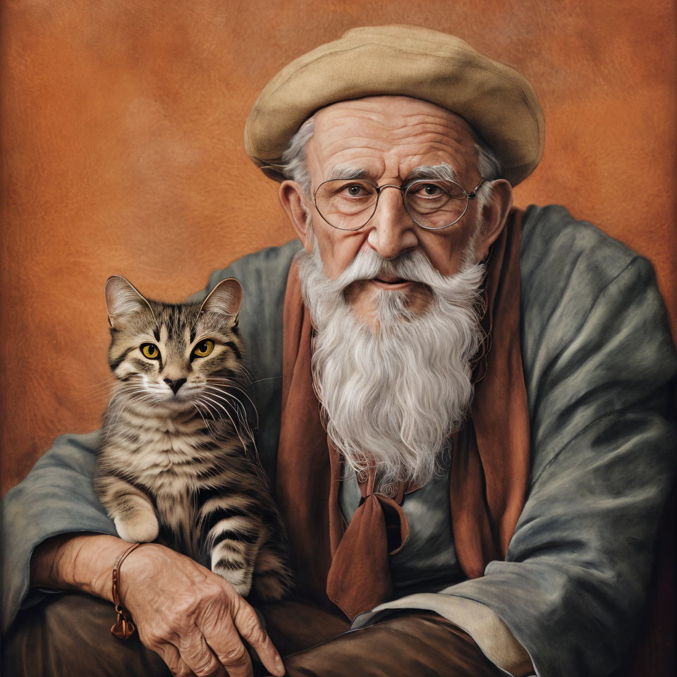 Elderly man with white beard and cat against warm backdrop