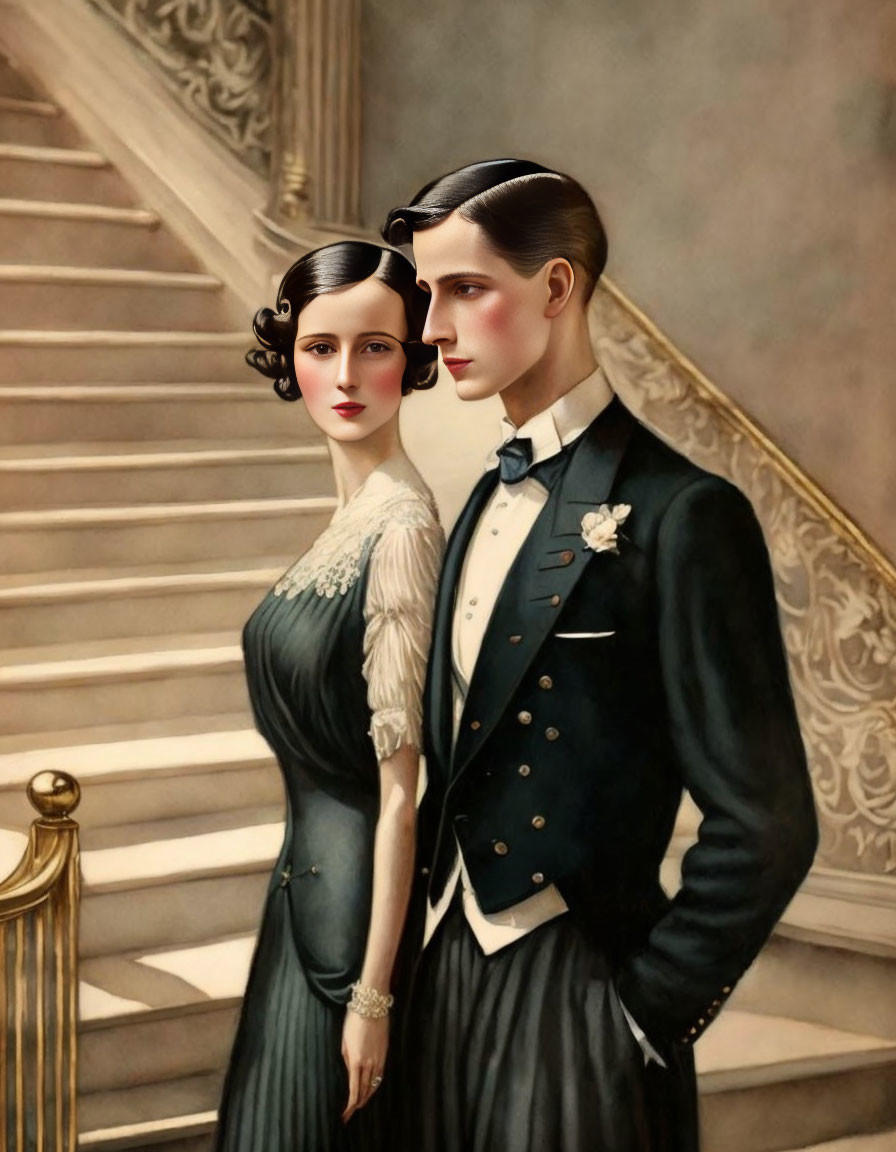 Vintage-style illustration of elegant couple in formal attire by grand staircase