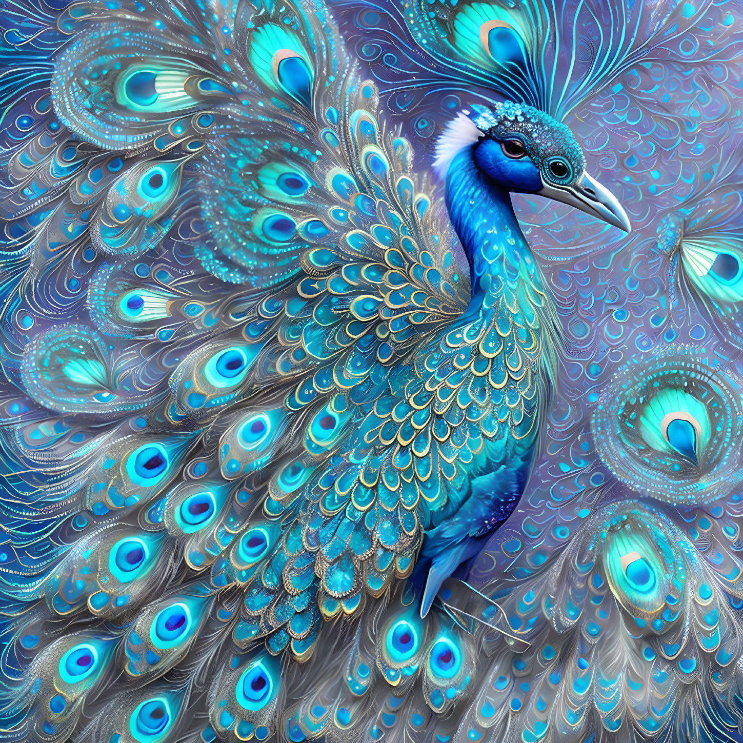 Colorful Peacock Illustration with Detailed Feathers and Blue-Green Hues