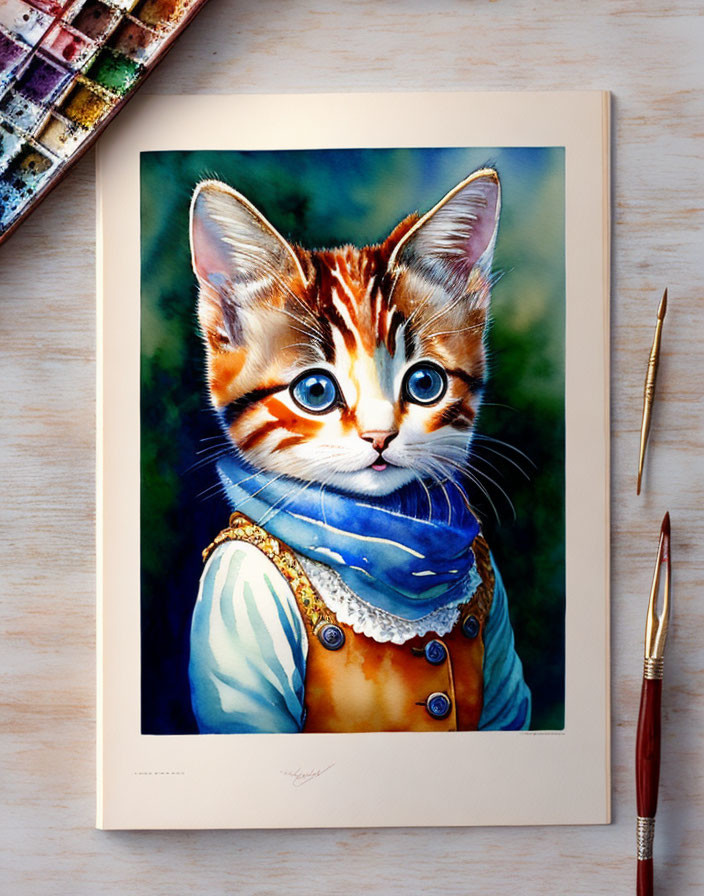 Illustrated portrait of a kitten in human-like attire with blue scarf, amidst paintbrushes and water