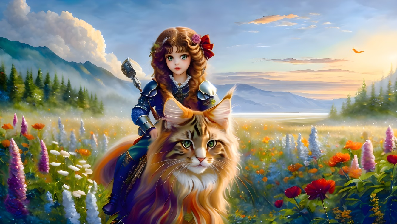 Young girl in armor riding large cat through vibrant meadow