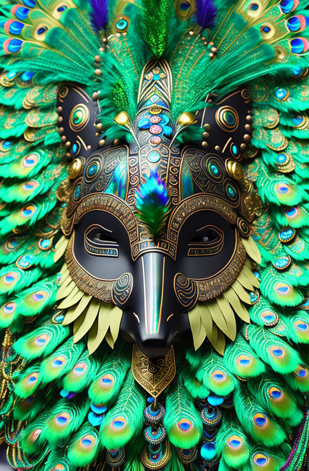 Elaborate Peacock Feather Design Mask in Vibrant Blues and Greens